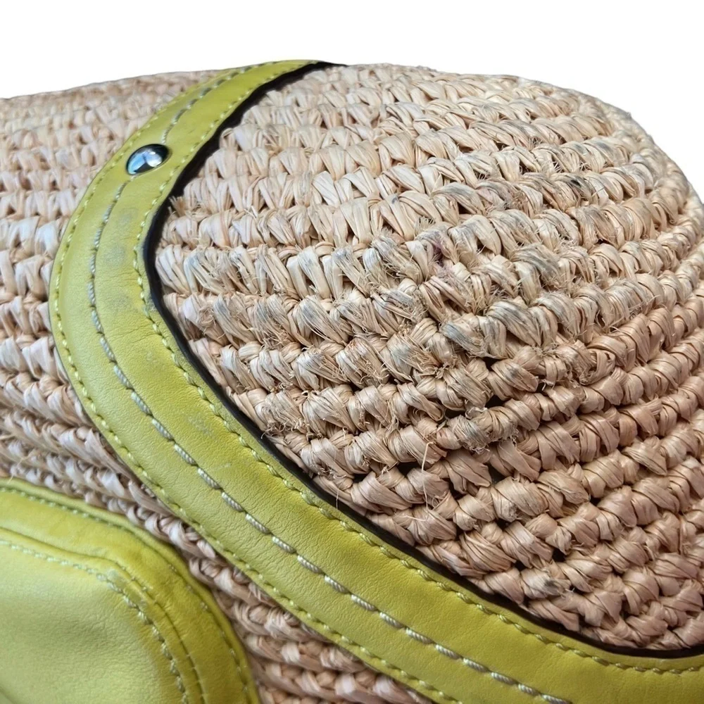 Coach vintage y2k 22904 green leather and wicker Raffia Straw Turnlock Tote Bag